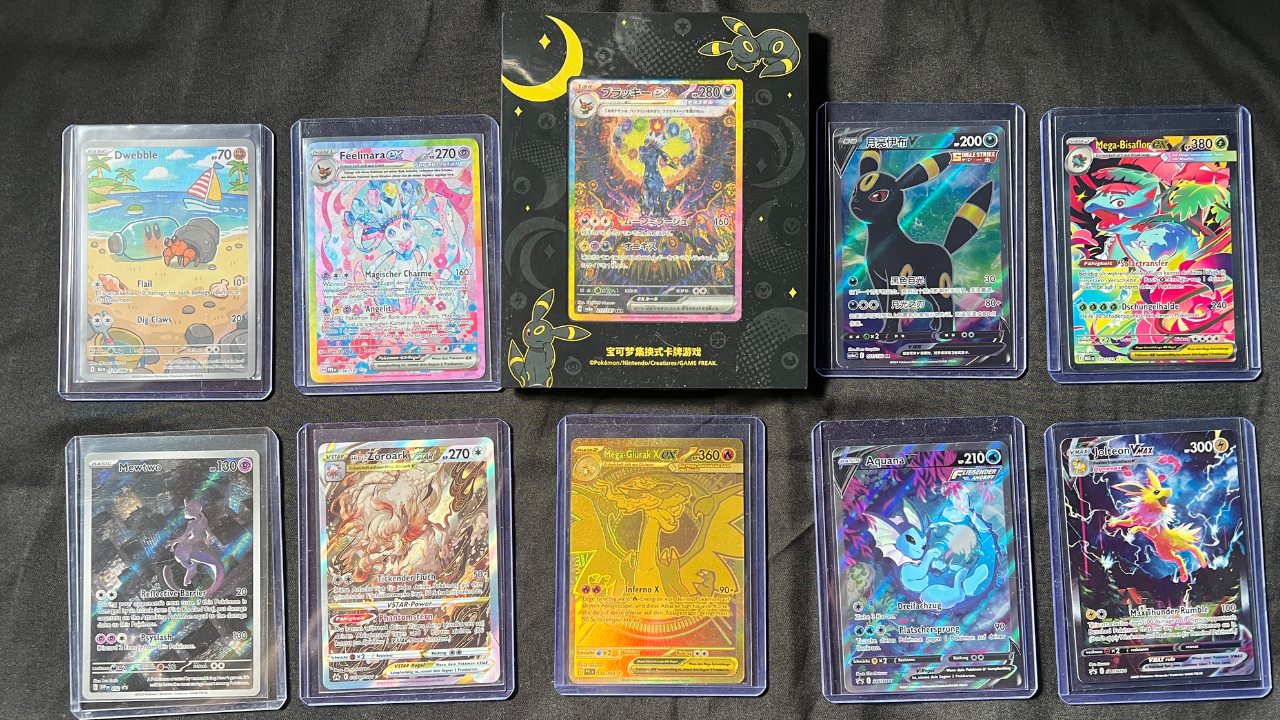 Sammlung von Pokémon-Karten, vor allem holografische undEX-Varianten, auf einem schwarzen Hintergrund.
