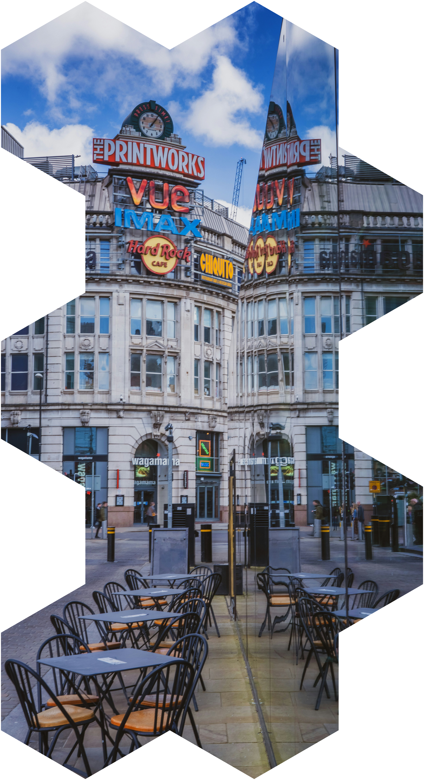 Manchester city centre scene in honeycomb shape