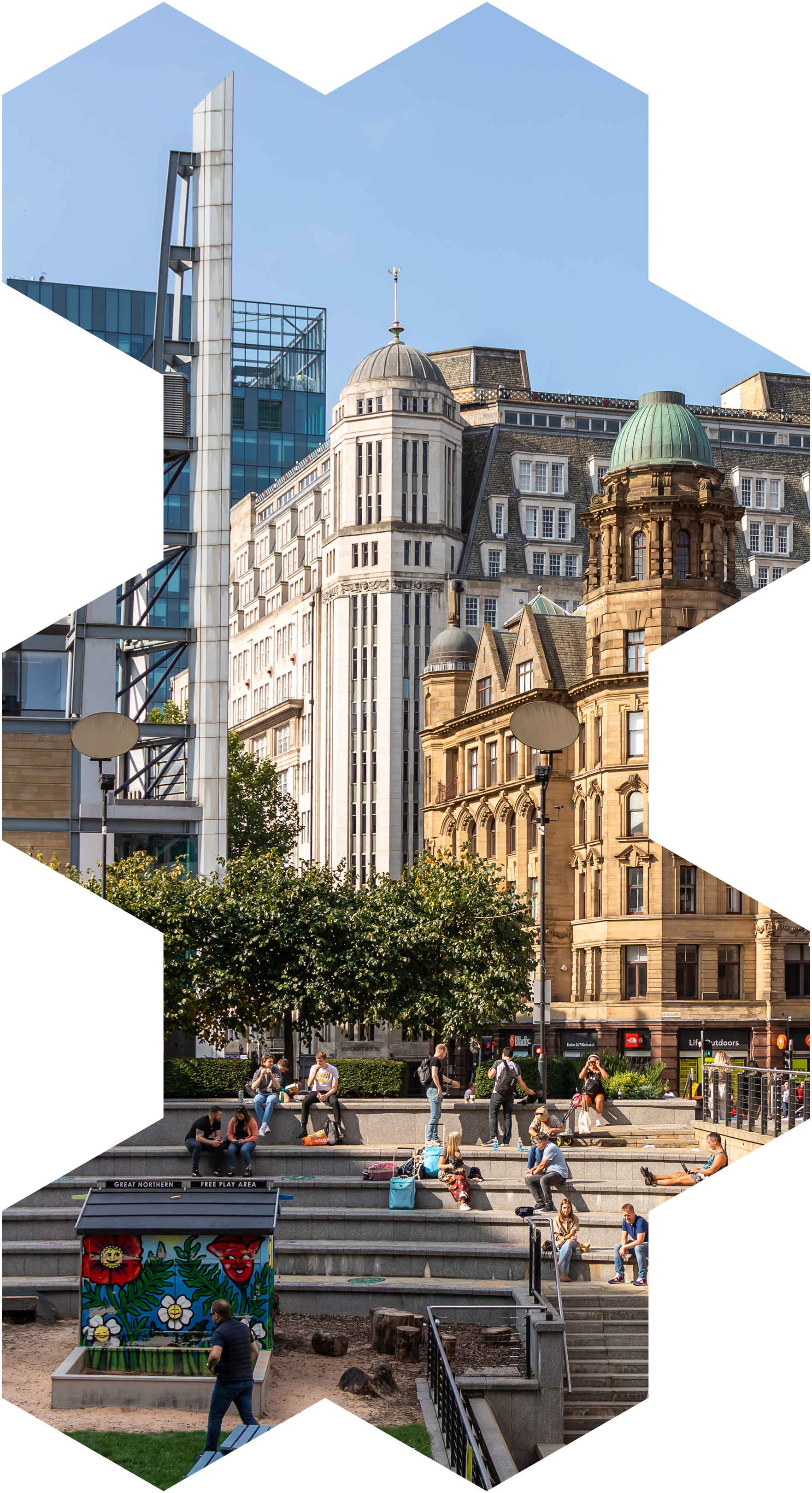 Manchester city centre scene in honeycomb shape