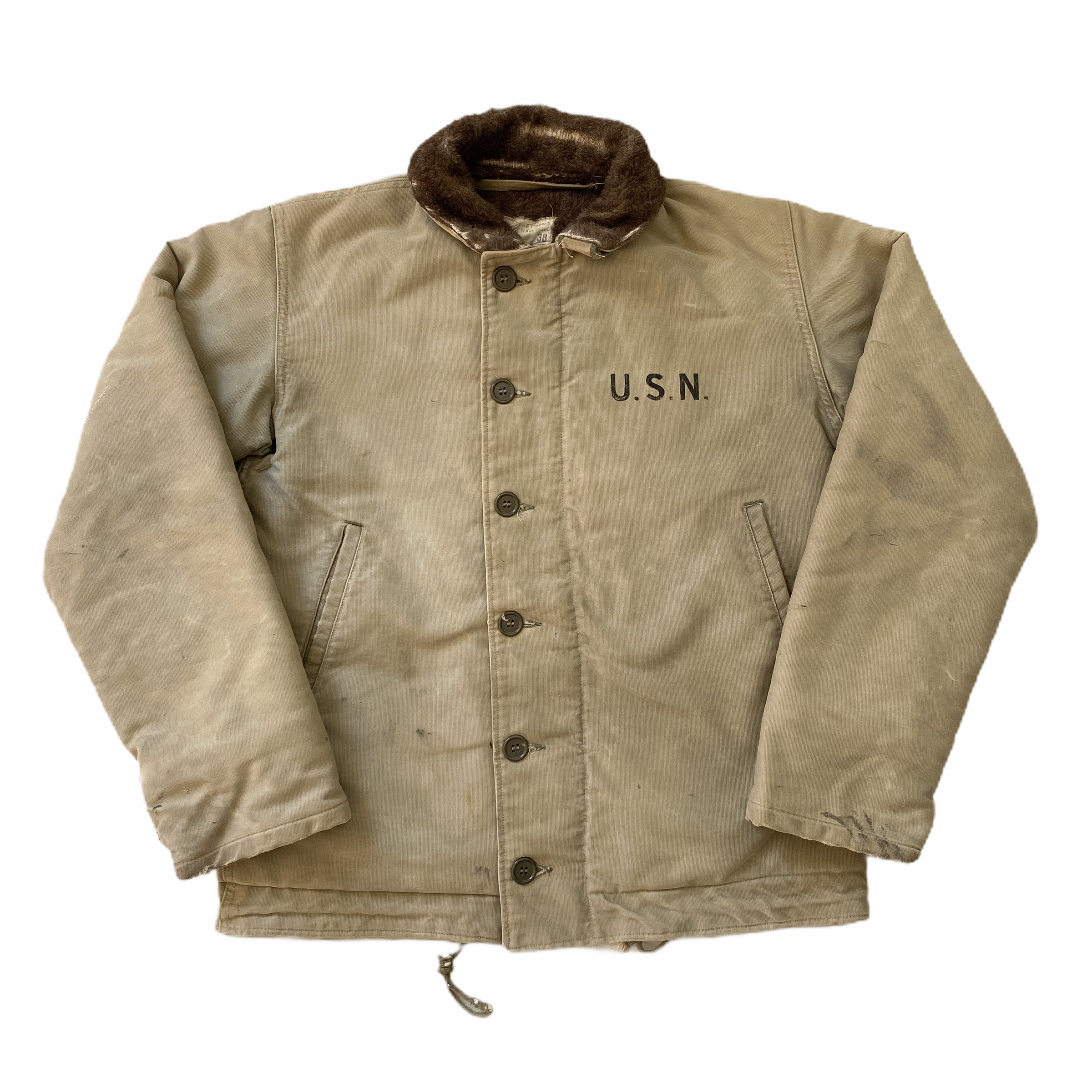 A vintage military U.S. Navy beige jacket with a brown fur collar, buttons down the front, and a drawstring at the waist.