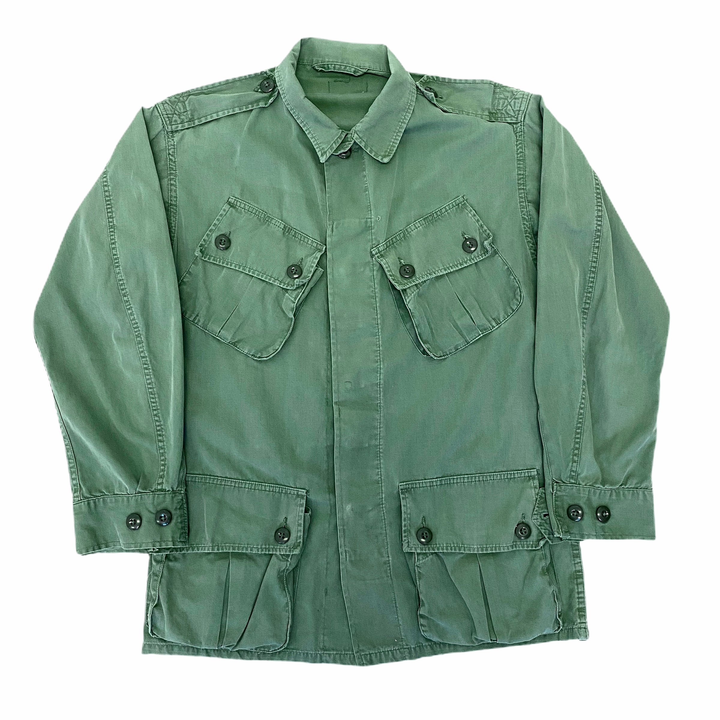 A green military-style button-up shirt with pointed collar, epaulets on shoulders, chest pockets with button flaps, and multiple black buttons down the front.