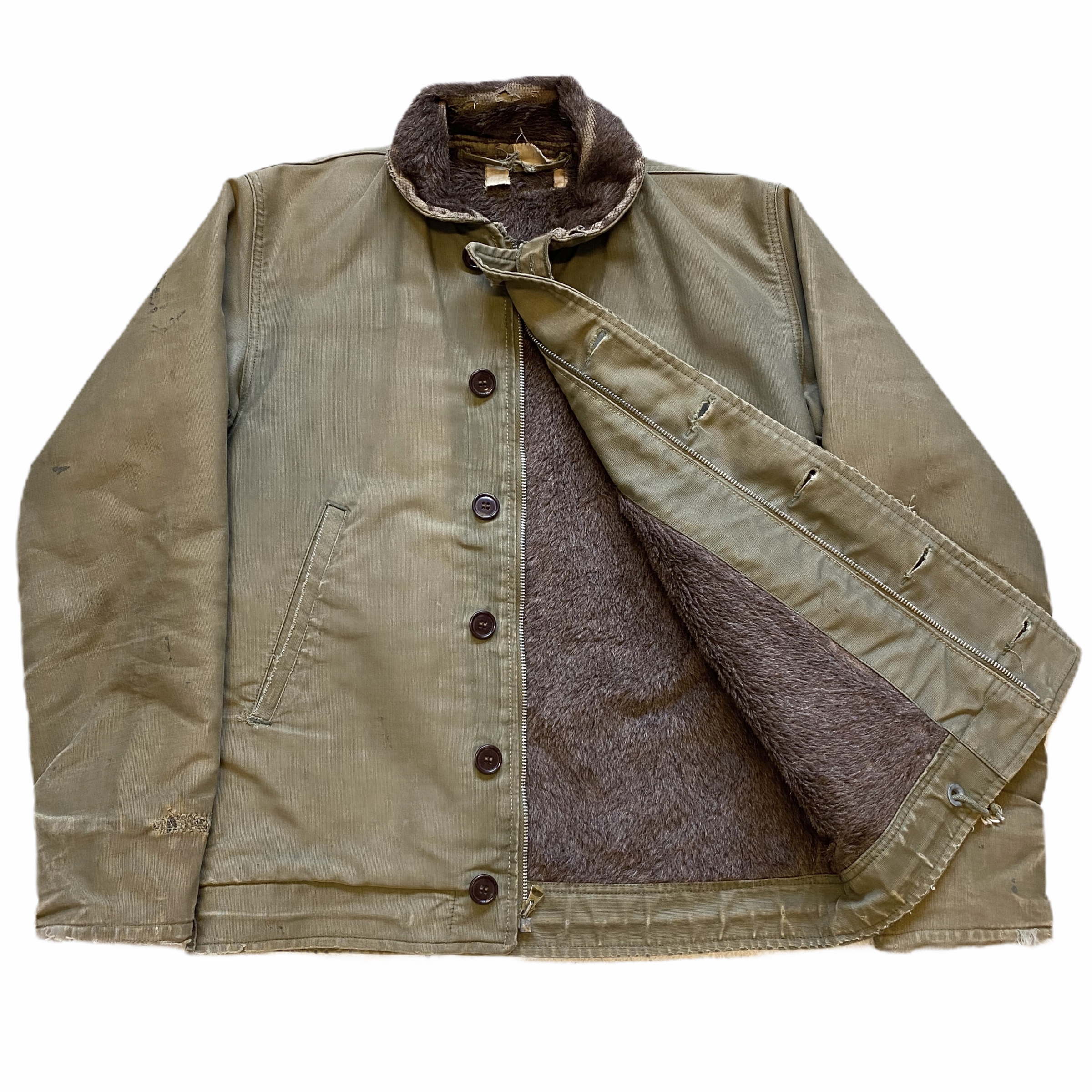 A vintage military-style jacket with a shearling collar and a plush interior, shown against a white background.