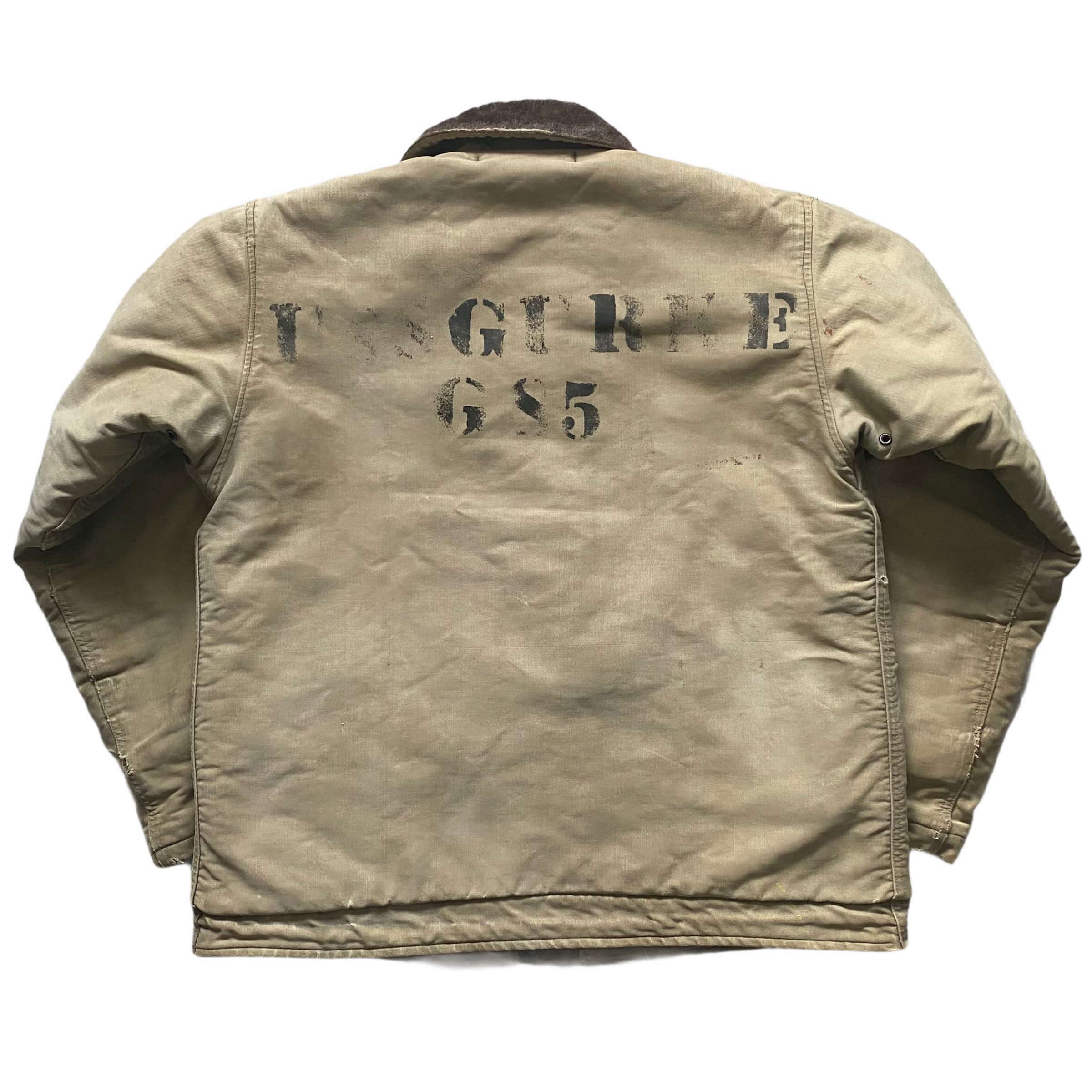 Back of a beige jacket with black text printed on it, and a dark collar visible at the top.