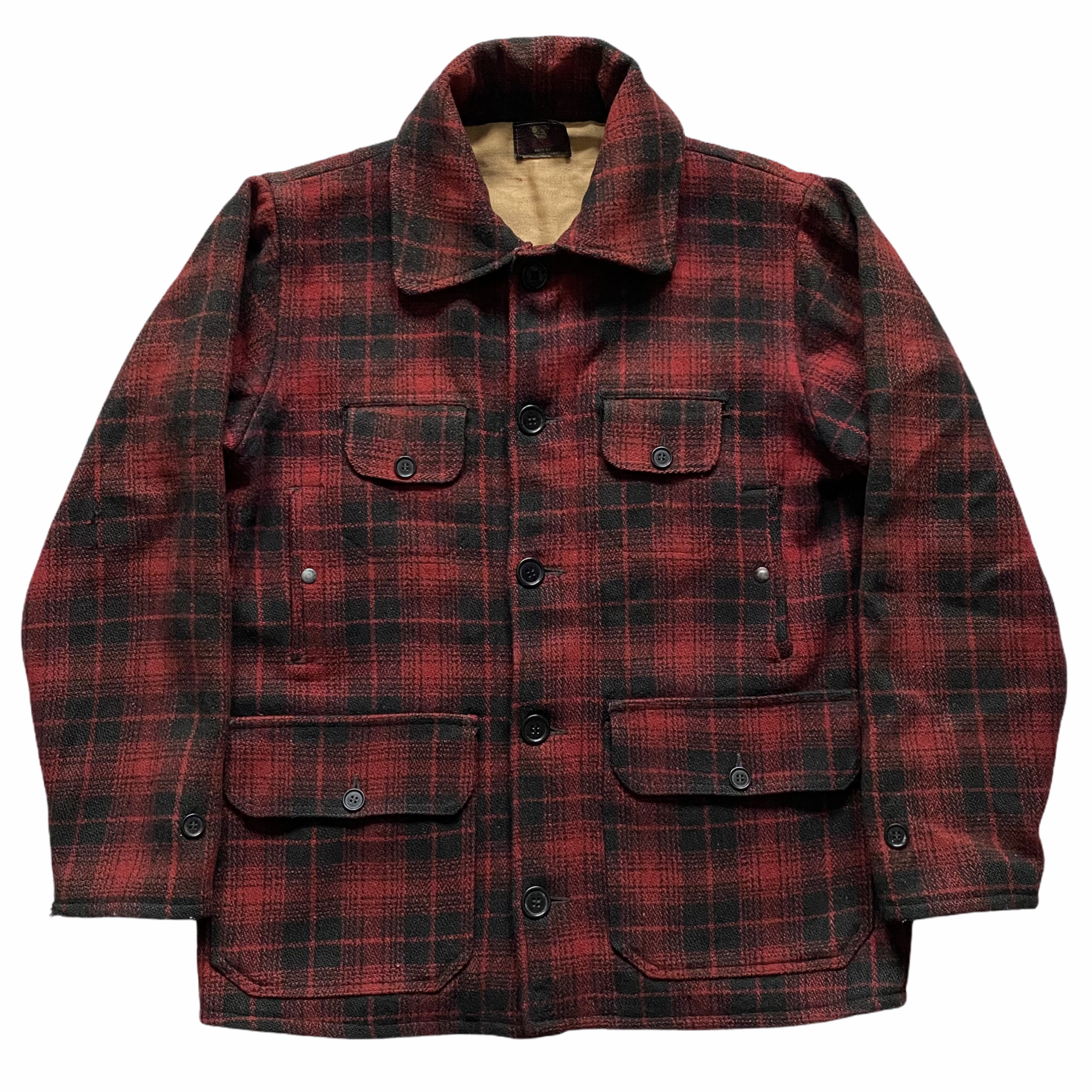 Red and black plaid jacket with a collar, buttoned front, and chest pockets.