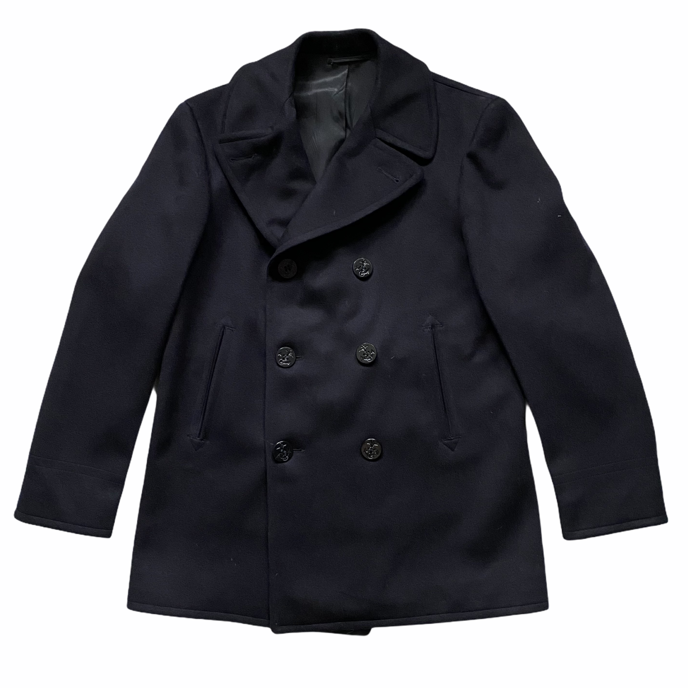 Black double-breasted peacoat with large buttons and a collar, isolated on a white background.
