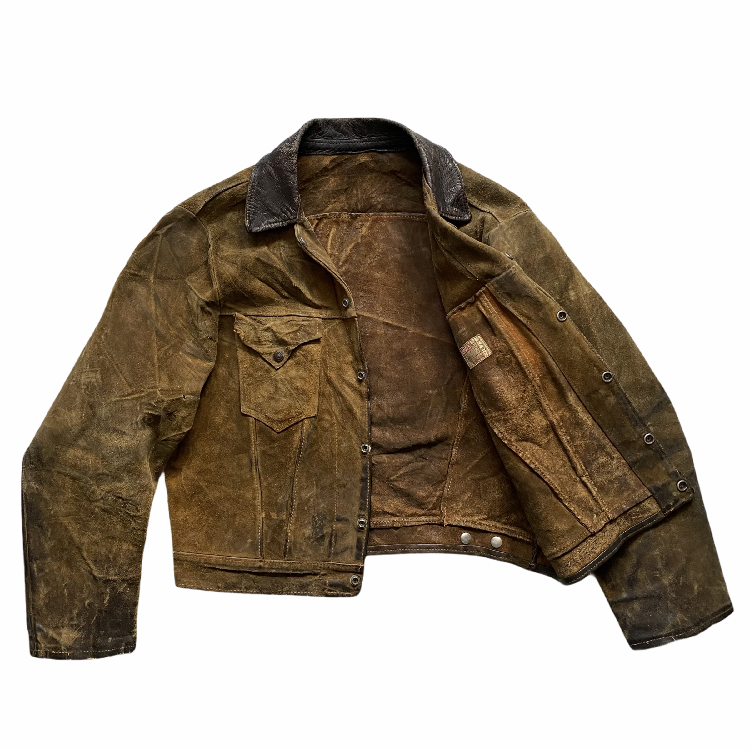 A vintage brown leather jacket with a black leather collar, displayed on a plain white background.
