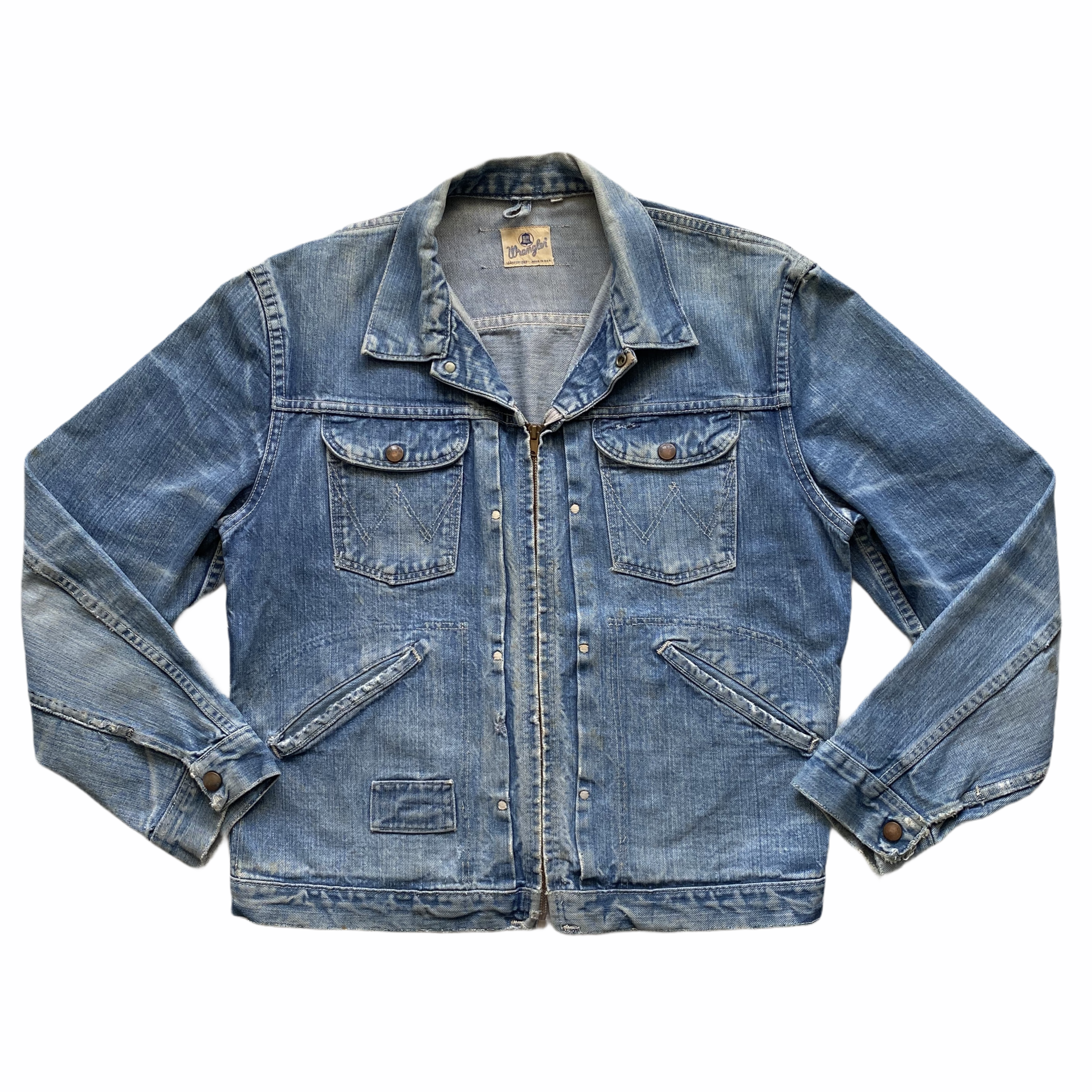 A classic blue denim jacket with buttons, collar, and front pockets, laid flat.