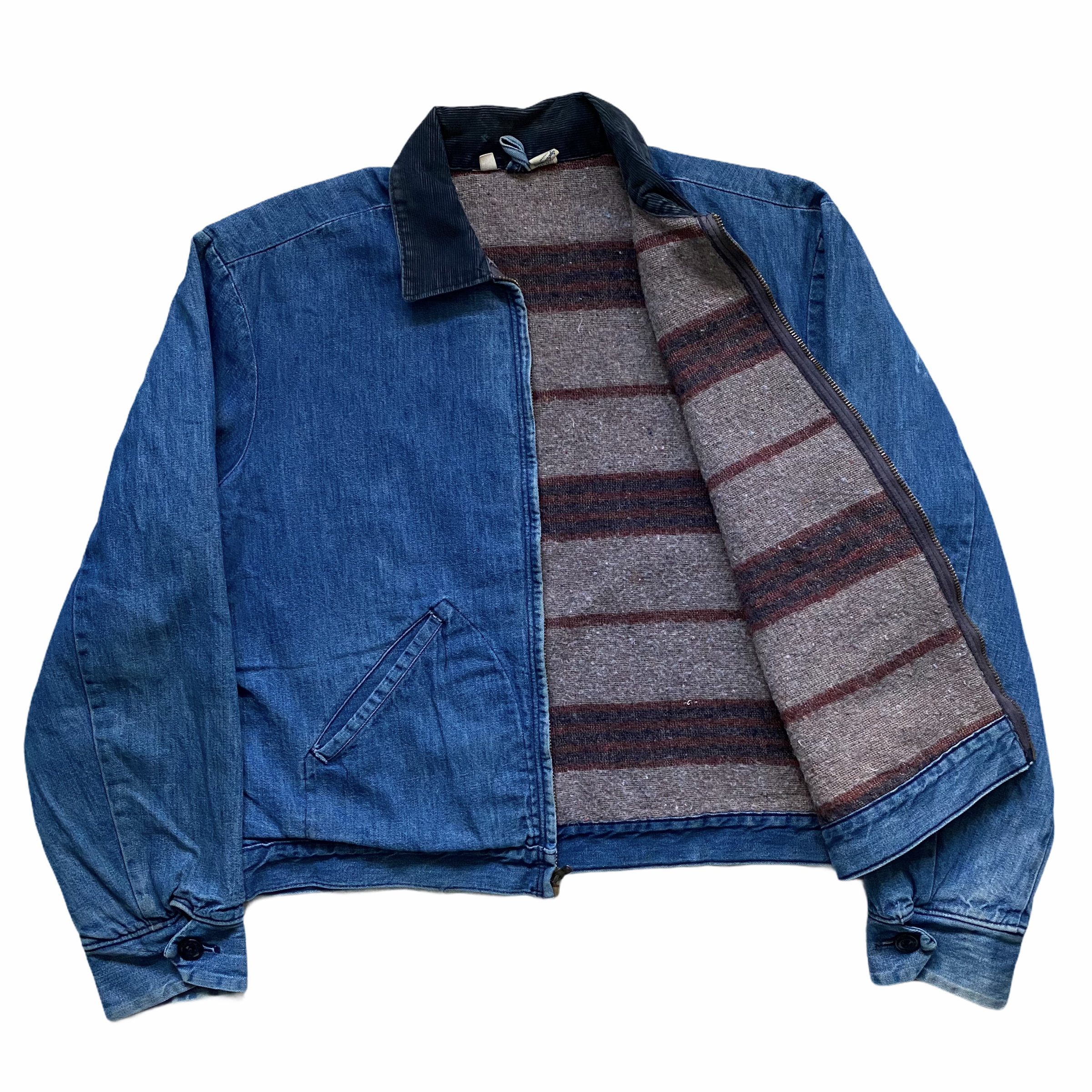 A blue denim jacket over a brown and red striped sweater, with the jacket unzipped and the collar turned up.