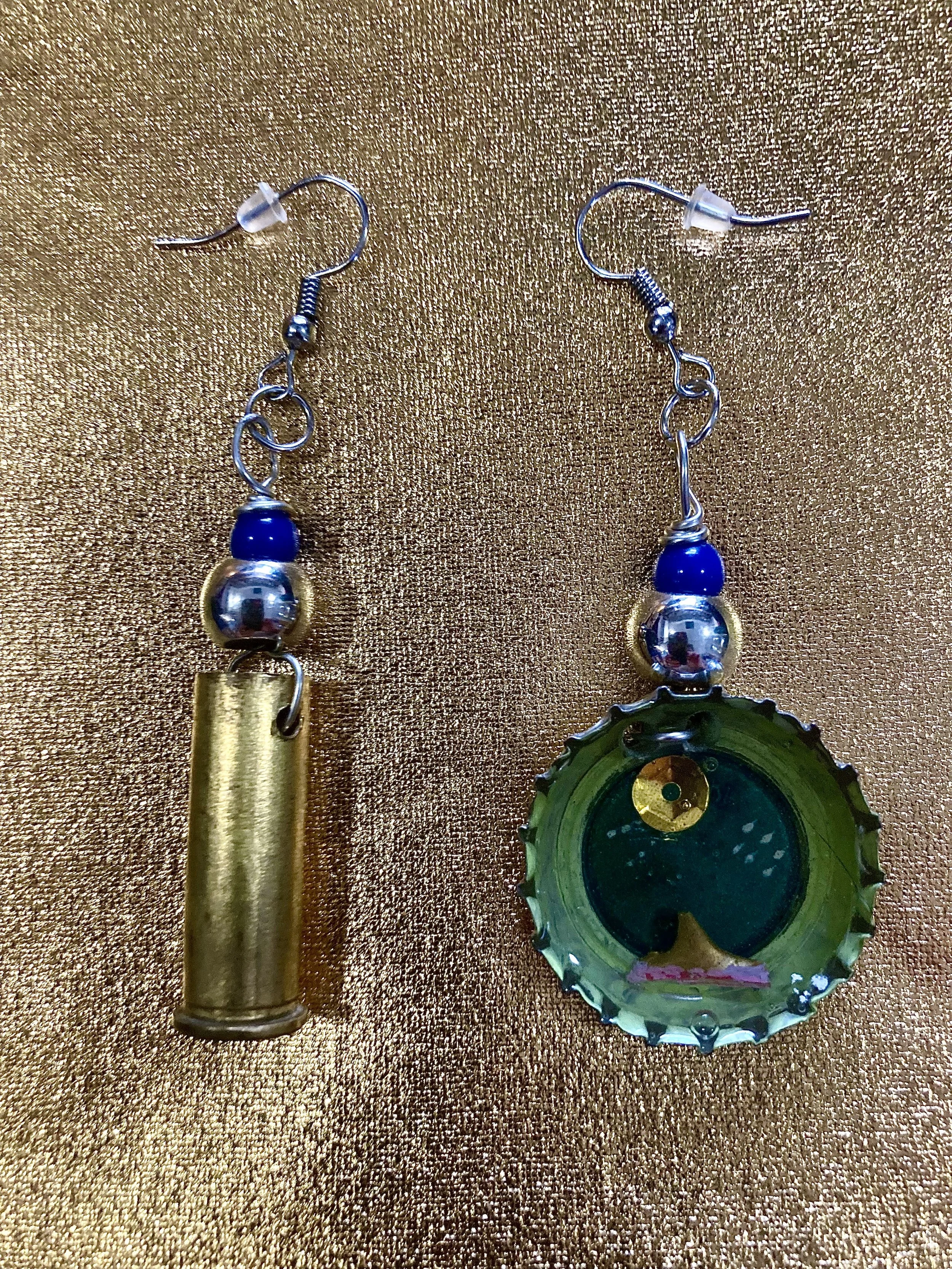 Bullets & Bottle Caps Hook Earrings (Blue/Green)