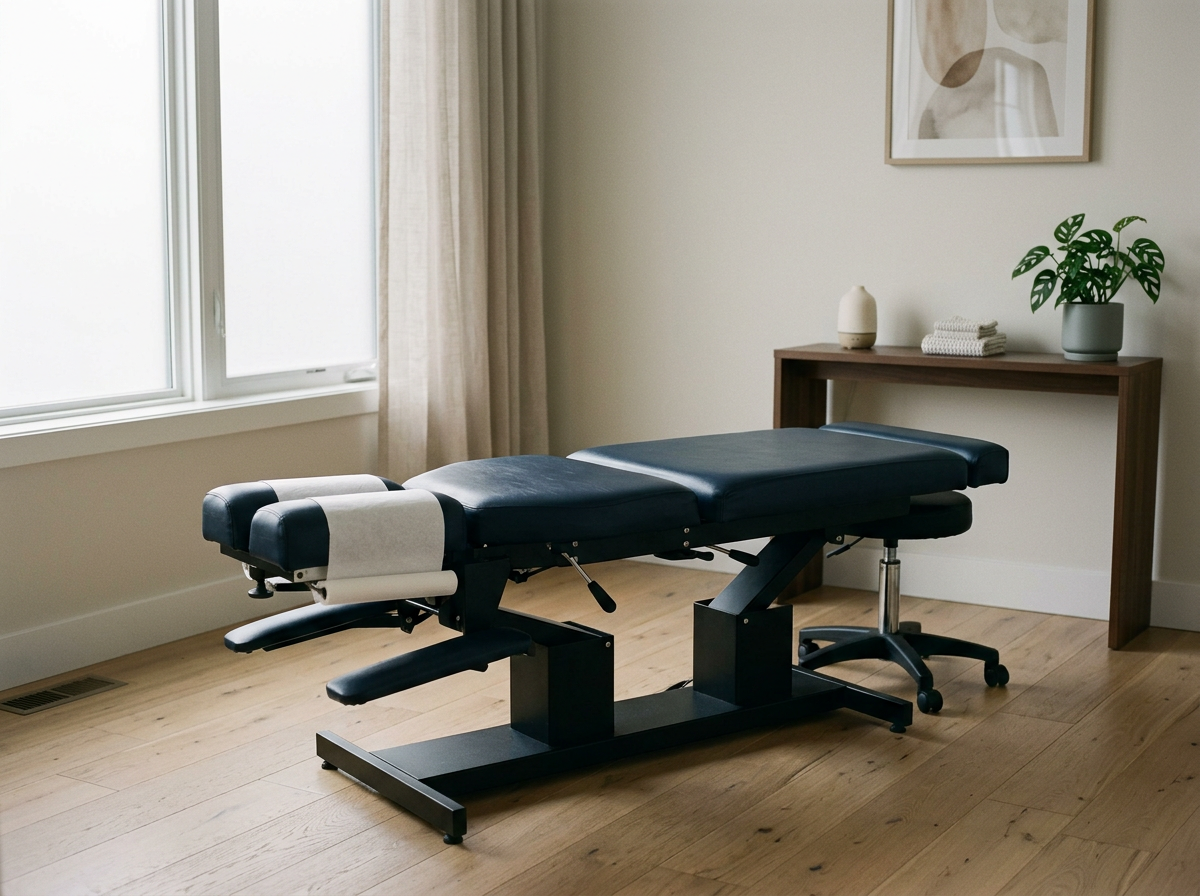 A black Chiropractic table in a room with a wooden floor, beige walls, a curtained window, wall art, a wooden console table with decor, and a potted plant.