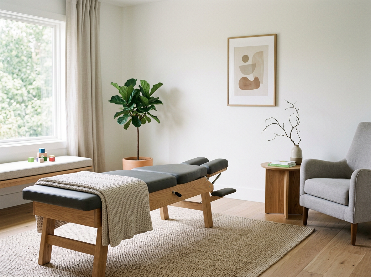 A bright, minimalist therapy or massage room with a massage table, a gray armchair, a wooden side table with a white vase and branches, a large potted plant, a window with curtains, and framed artwork on the wall.