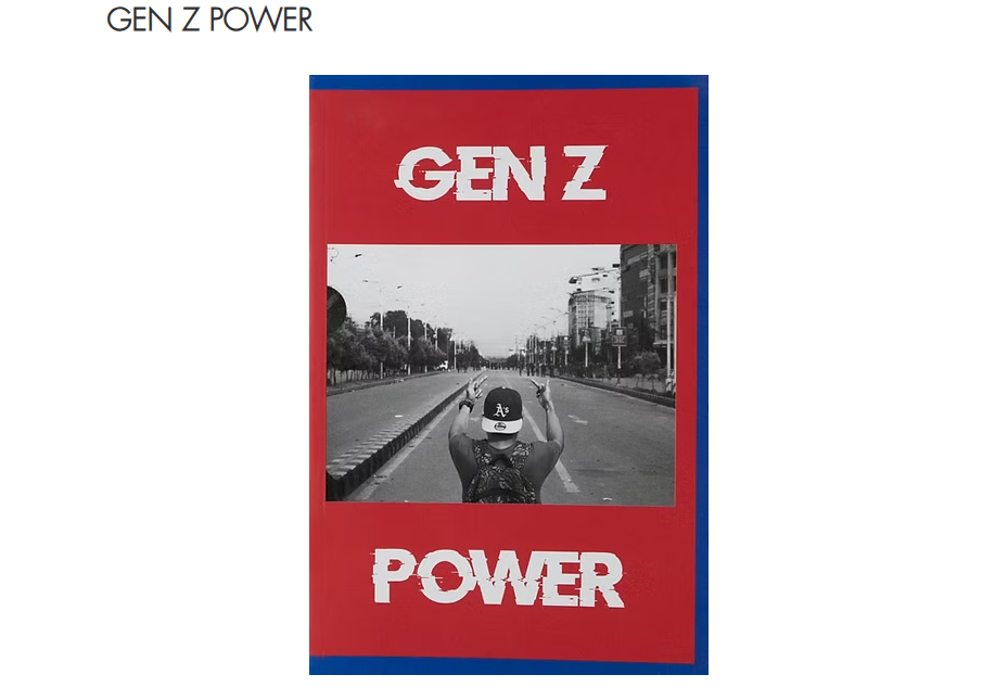 A poster with the words 'GEN Z' at the top and 'POWER' at the bottom. In the center, there is a black-and-white photo of a person wearing a cap and a backpack, raising their arms in the middle of an empty city street with tall buildings on both sides.
