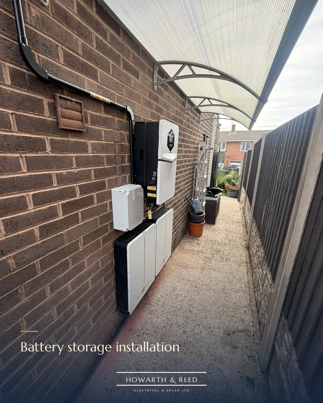 Battery storage installation ⚡

A Sunsynk inverter and two batteries, fitted neatly down the side of the house with every cable run tidy and secure.

Battery storage lets you keep the energy your solar panels make and use it in the evening, or charge