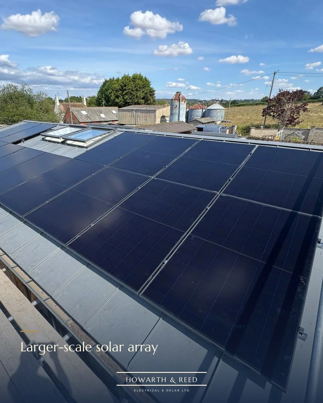 Larger-scale solar array ☀️

A full array on a standing seam metal roof, laid out around the roof windows and fixed without drilling through the roof covering.

Bigger roofs mean bigger savings, and every system we fit is designed around the building