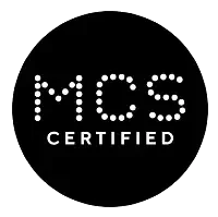 MCS Certified logo with white dots forming the text on a black circular background