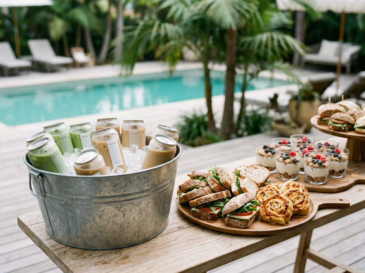 A wooden table outdoors with a bucket of drinks, plates of sandwiches, desserts, and pastries, overlooking a swimming pool and tropical greenery.