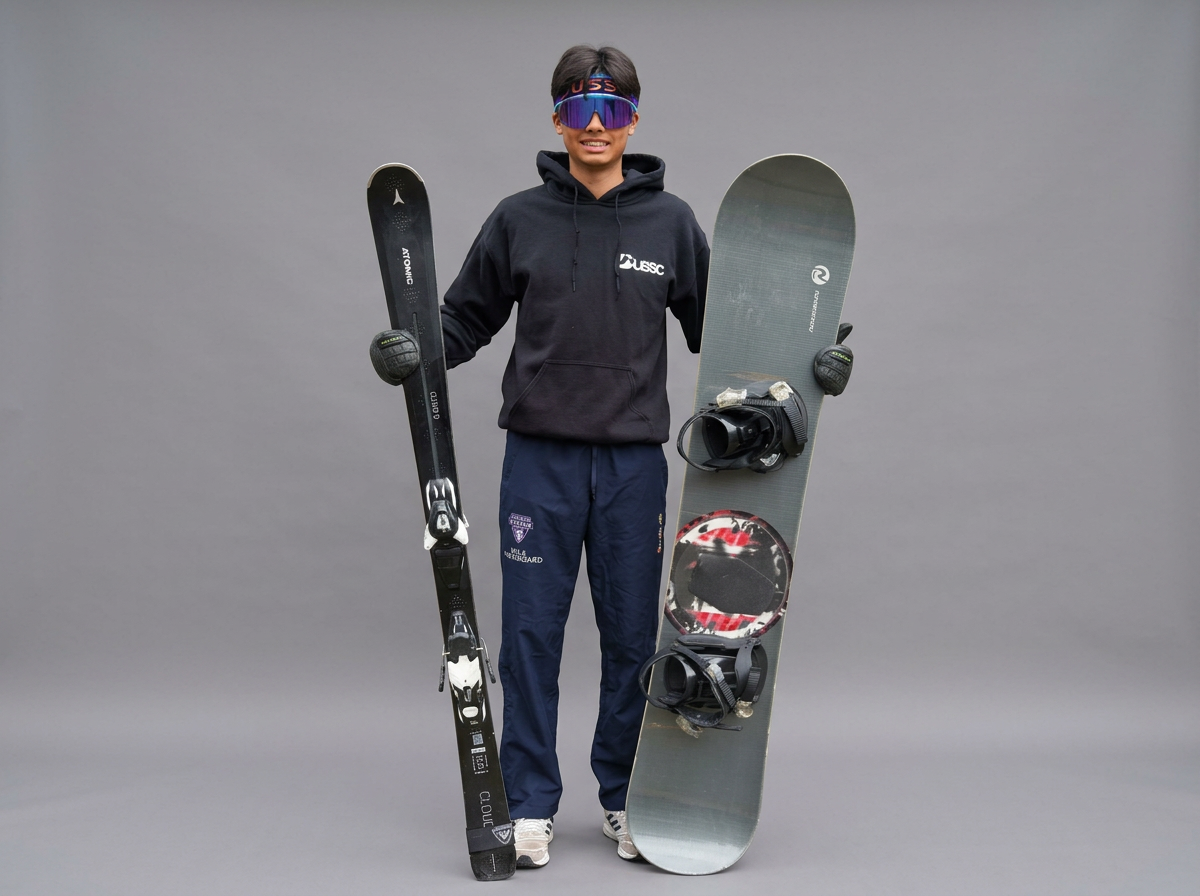 Young person standing on gray background holding ski equipment, wearing a black hoodie with USC logo, blue snow pants, sunglasses, and gloves, smiling.