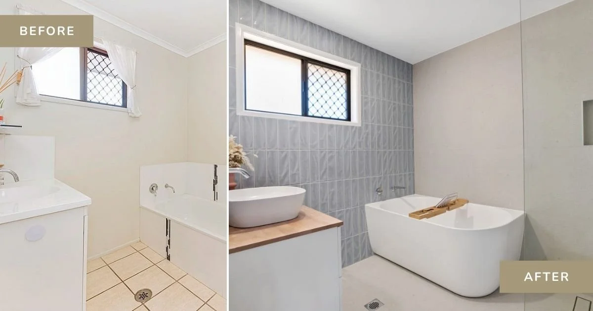 Side-by-side comparison of a bathroom before and after renovation. The before side shows a small, plain bathroom with beige walls, a bathtub, a small vanity with a sink, and a window with curtains. The after side features a modern, minimalist bathroom with a large bathtub, a vessel sink on a wooden countertop, a textured gray tile accent wall, and a window with a security grille.