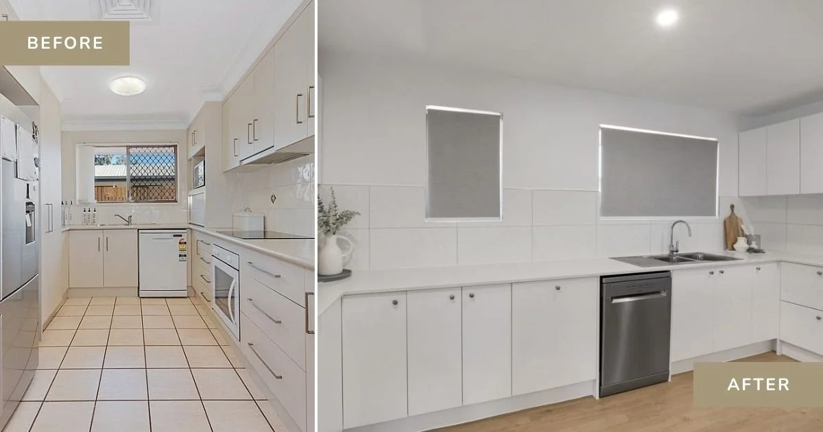 Kitchen renovation before and after in Geelong, dated cream kitchen replaced with a modern white kitchen and stone benchtops