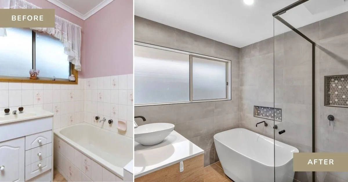 Bathroom before and after renovation in Geelong, pink dated tiling replaced with grey stone tiling and a freestanding tub