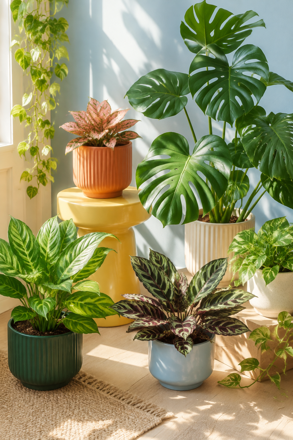 A collection of potted houseplants, including a large monstera, a calathea, and pothos, arranged indoors near a window with sunlight.