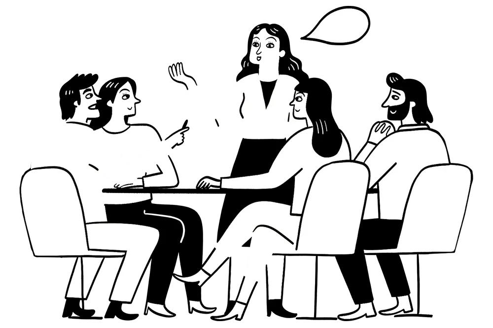 Illustration für die Leistung "Organisationsaufstellungen". Eine Gruppe von fünf Menschen sitzt um einen Tisch in einem Meetingraum. Eine Person steht und spricht, während die anderen zuhören und diskutieren.