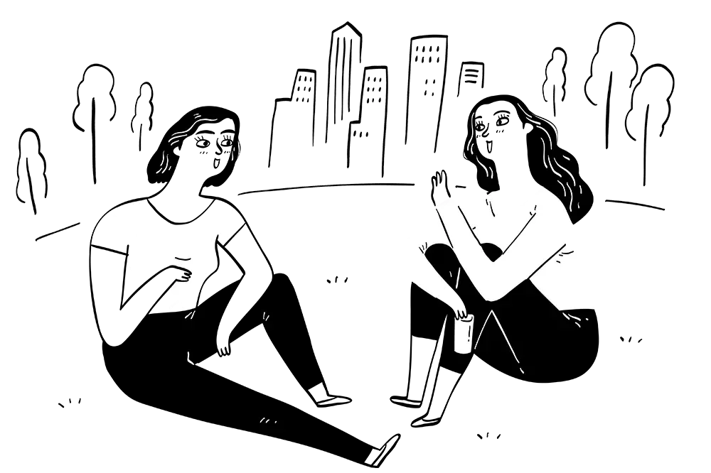 Illustration für die Leistung "Einzelcoaching". Zwei Frauen sitzen in einem Park auf dem Rasen und unterhalten sich, sie sind umgeben von Bäumen und Hochhäusern im Hintergrund, eine trinkt aus einer Flasche, die andere sitzt mit verschränkten Armen.