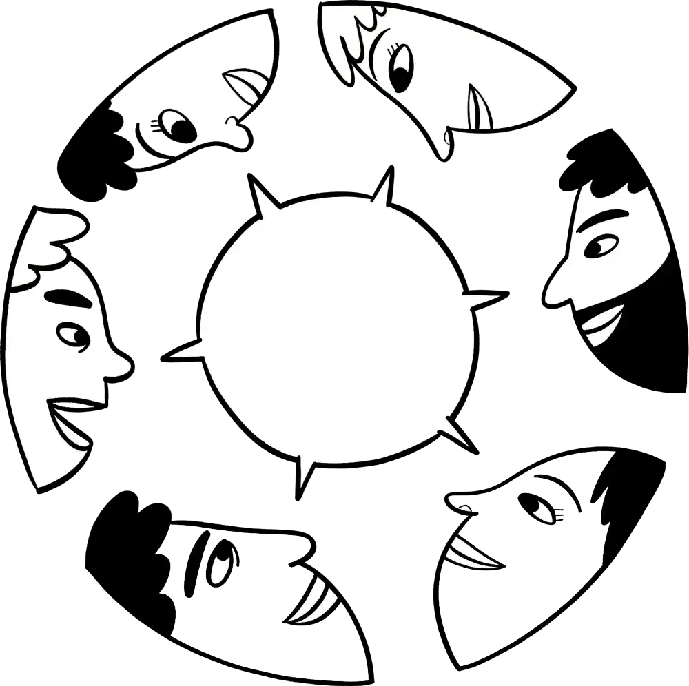 Illustration für den Changemaker-Talk. Sie zeigt sechs Köpfe von Personen, angeordnet zu einem Kreis. Sie diskutieren. In der mitte eine Sprechblase.