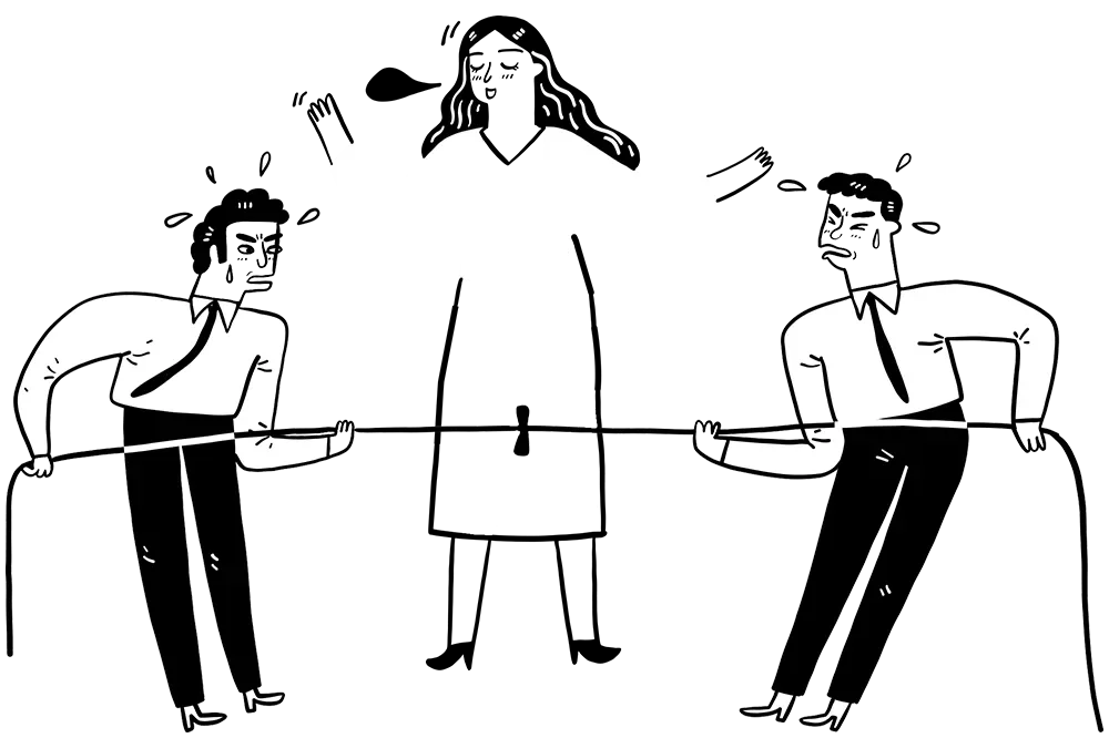 Illustration für die Leistung "Konfliktmanagment": Zwei Personen tragen einen Konflikt im Seilziehen aus. Eine Frau steht dazwischen und vermittelt zwischen den Streitenden