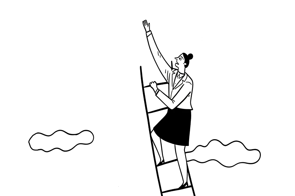 Illustration für die Leistung "Führungskultur": Eine Frau klettert eine Leider nach oben und greift nach den Sternen. Im Hintergrund sind Wolken zu sehen.