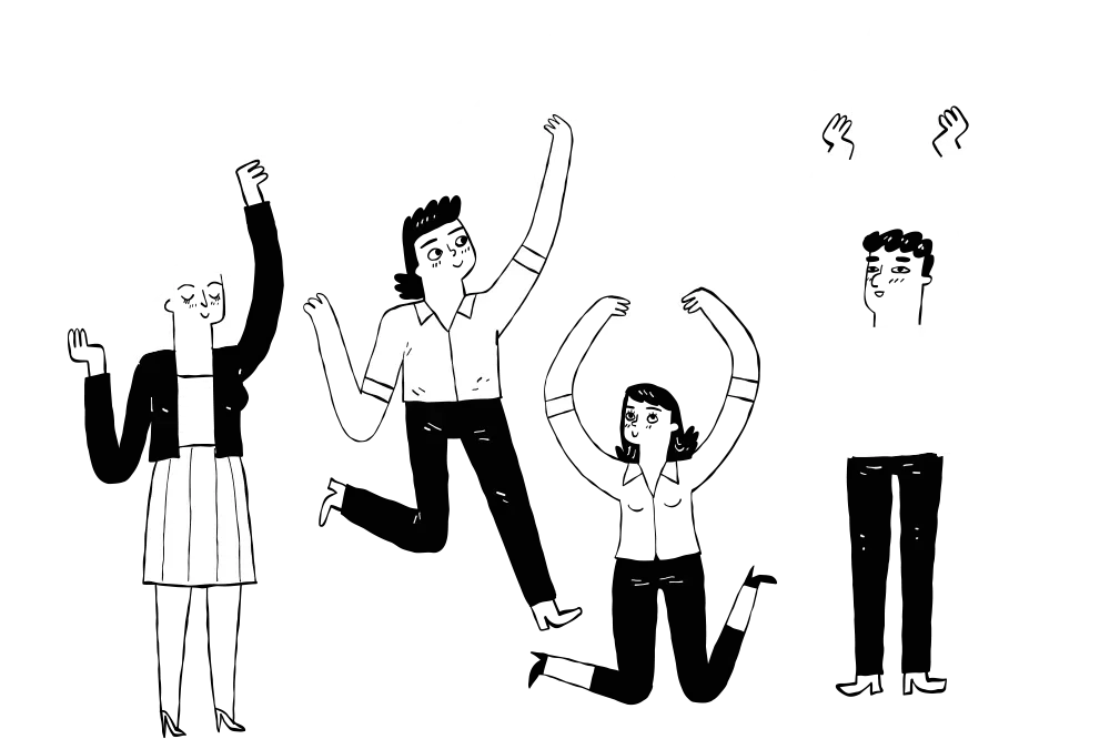 Illustration für die Leistung "Teamentwicklung." Ein Team von 4 Personen steht nebeneinander. Sie alle halten Sterne in den Händen