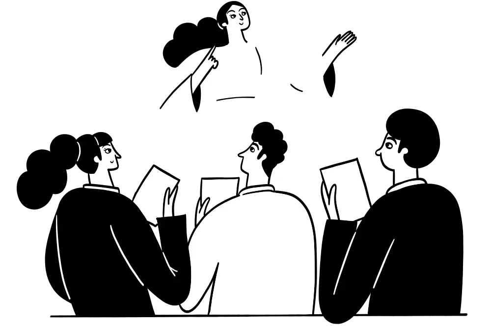 Illustration für die Leistung "Vorträge". Silhouetten von Menschen in einem Publikum, auf einer Bühne steht eine Frau und hält einen Vortrag.