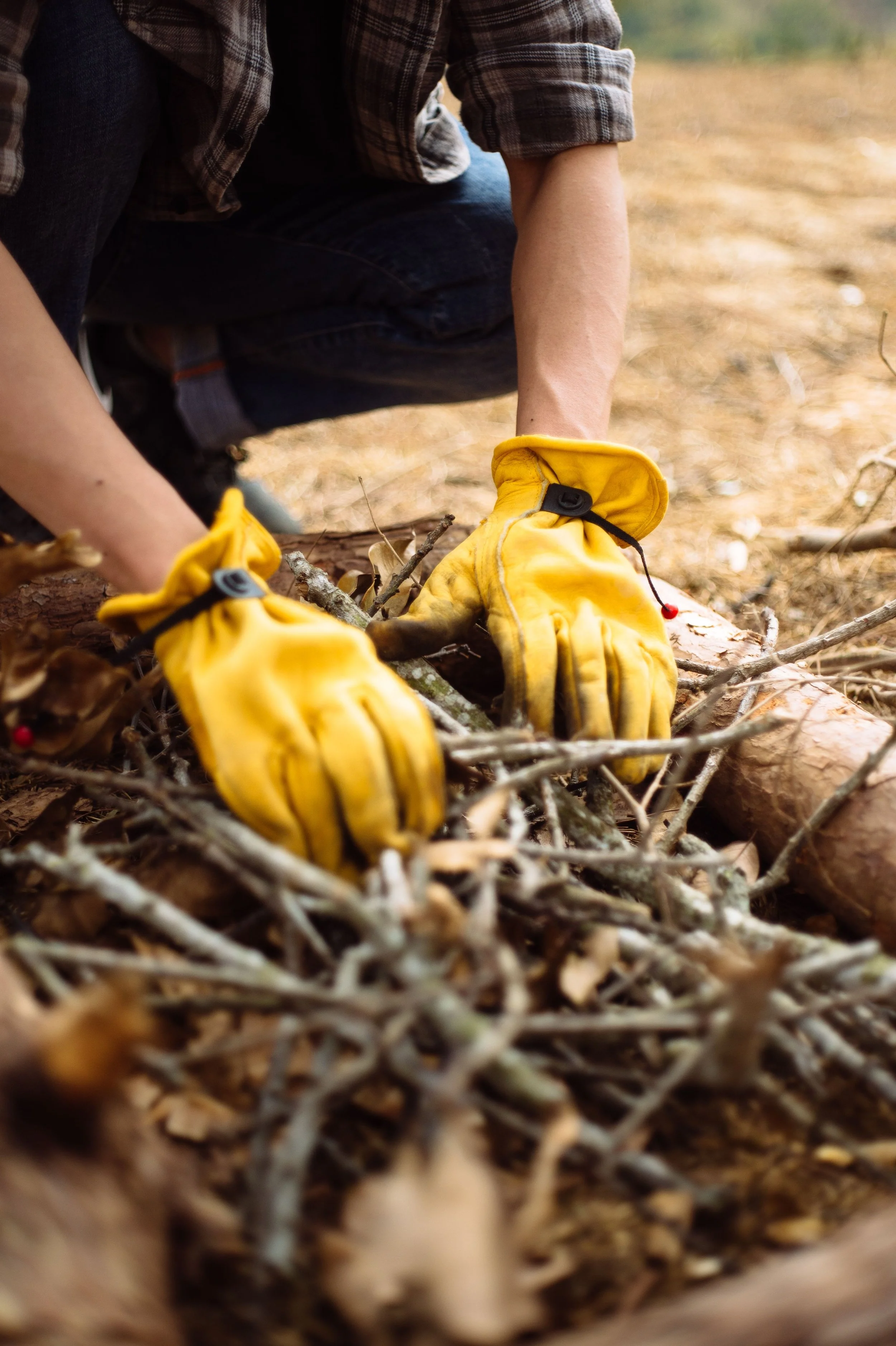 Person wearing yellow gloves and a plaid shirt, working outdoors among fallen leaves and branches.