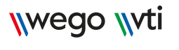 Logo mit den Wörtern 'wego' und 'wti' in schwarzer Schrift, mit roten, schwarzen und grünen Akzentlinien