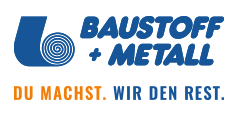 Logo von Baustoff + Metall mit dem Slogan 'Du machst. Wir den Rest.' in deutscher Sprache.