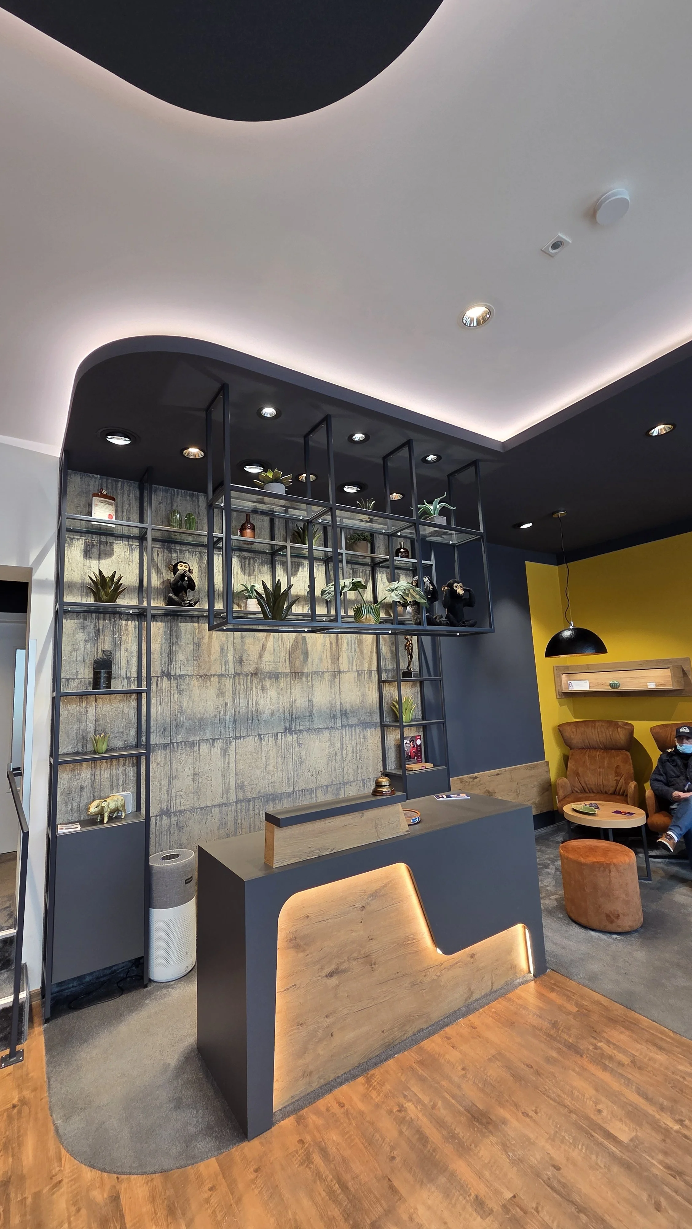 Gemütliche Lounge mit braunen Sesseln, einem hohen Regal mit Pflanzen und Dekorationsobjekten, einer schwarzen Decke mit eingebauten Lichtern, Holzfußboden und gelber Wand im Hintergrund.