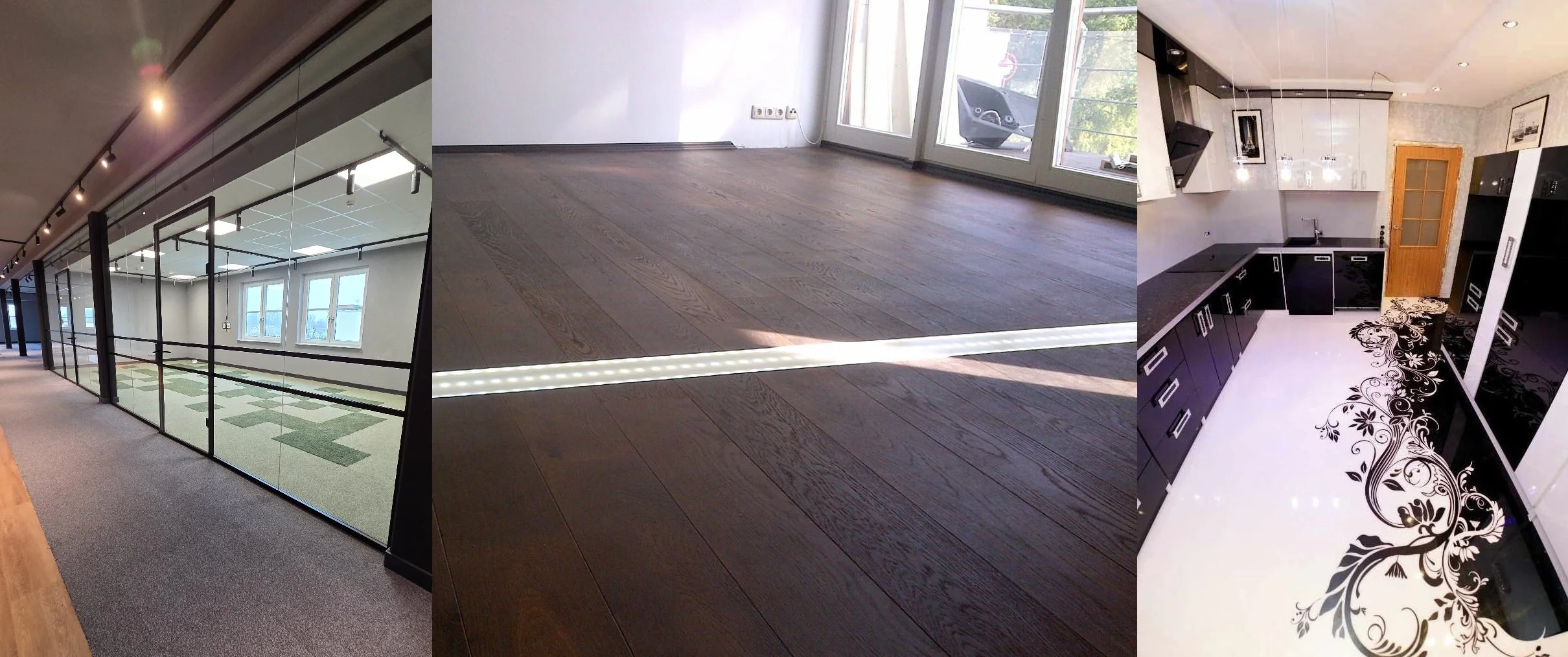 Drei Bilder zeigen unterschiedliche Räume. Der erste Raum ist ein Bürobereich mit gläsernen Wänden, Deckenleuchten und Teppichboden. Der zweite Raum ist ein Wohnzimmer mit Holzboden und großen Fenstern. Der dritte Raum ist eine Küche mit schwarzen un
