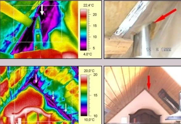 Thermografische Darstellungen von Gebäuden, die Wärmeverluste oder -einsparungen zeigen, sowie Fotos von Dachkonstruktionen mit Markierungen für Anwendungspunkte.