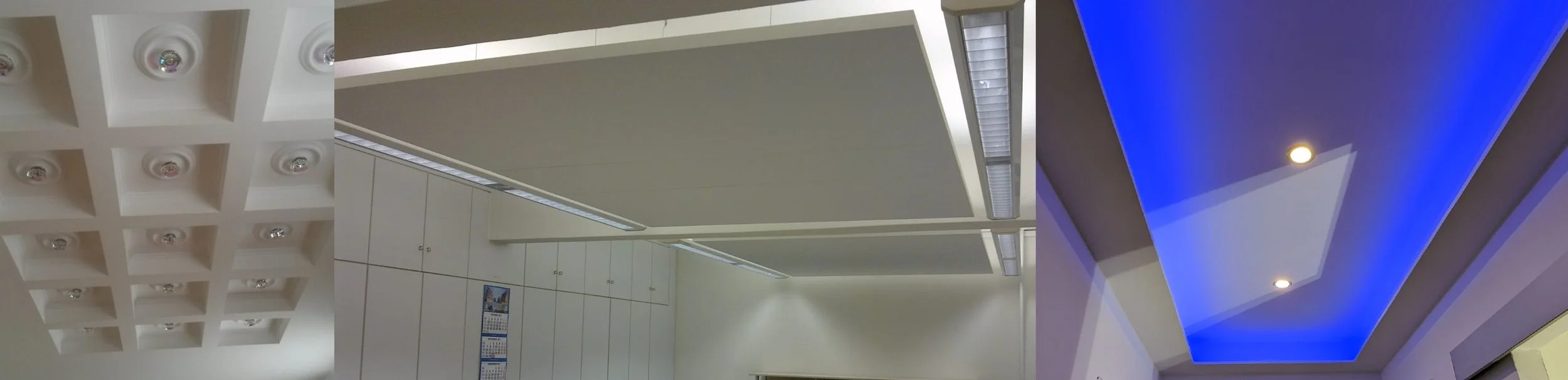 Decke mit quadratischen Mustern und eingearbeiteten Beleuchtungslampen, moderne Innenarchitektur, weißes Design, Decke mit blauer LED-Beleuchtung