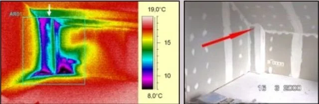 Links: Thermografieaufnahme einer Wand mit Heizkörper, rechte Seite: Foto einer leeren Raumwand mit montiertem Heizkörper, rote Linie zeigt die Position des Heizkörpers.