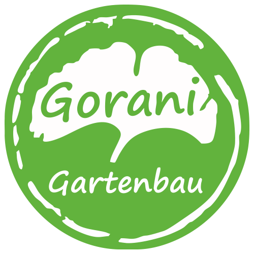 Grünes Logo mit weißem Apfel und dem Text 'Gorani Gartenbau'