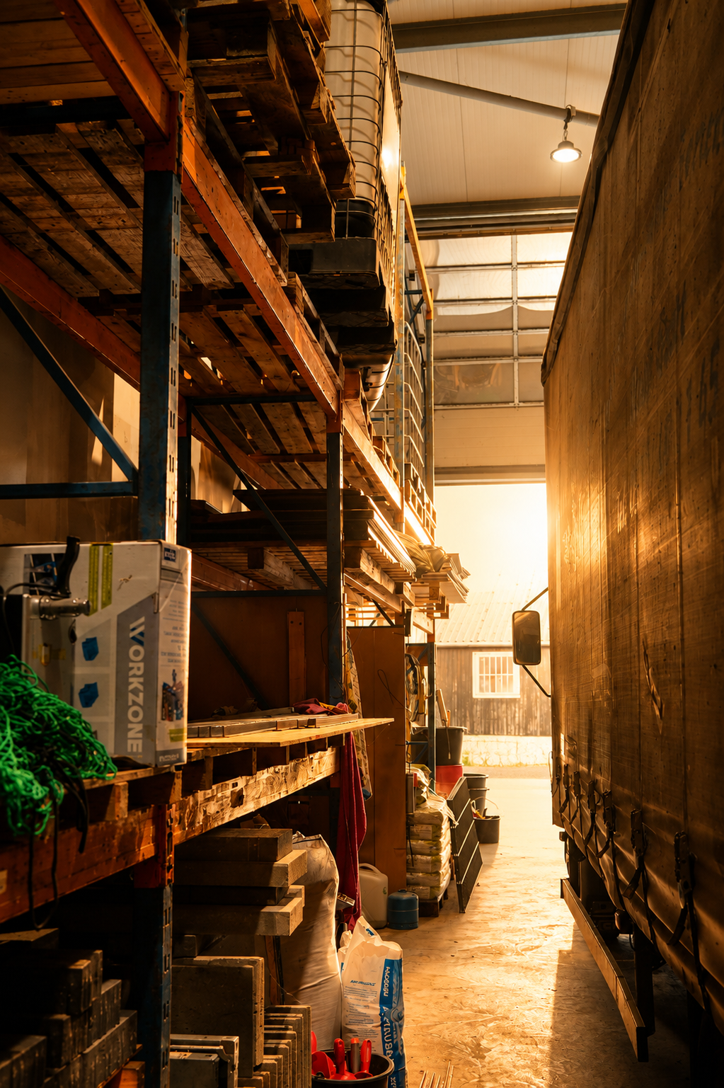 Innenaufnahme eines Lagerraums mit Holzregalen, voll mit Werkzeugen, Materialien und Verpackungsmüll, beleuchtet von Sonnenlicht durch ein geöffnetes Tor