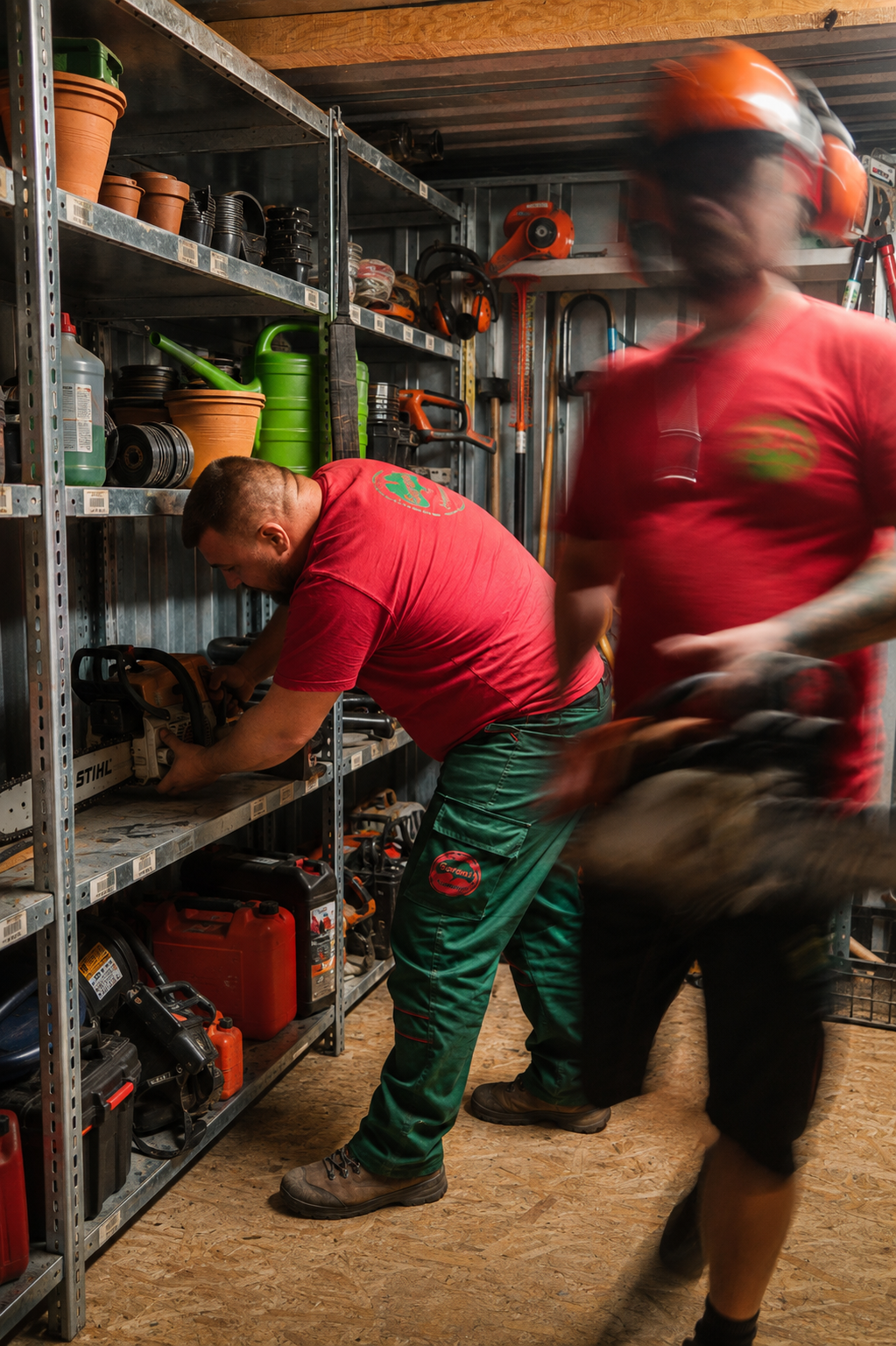 Zwei Männer in Rothem T-Shirts und grünen Hosen arbeiten in einem Werkzeugschrank in einer Werkstatt. Der eine schneidet mit einer Handsäge, der andere hält ein Werkzeug in der Hand.