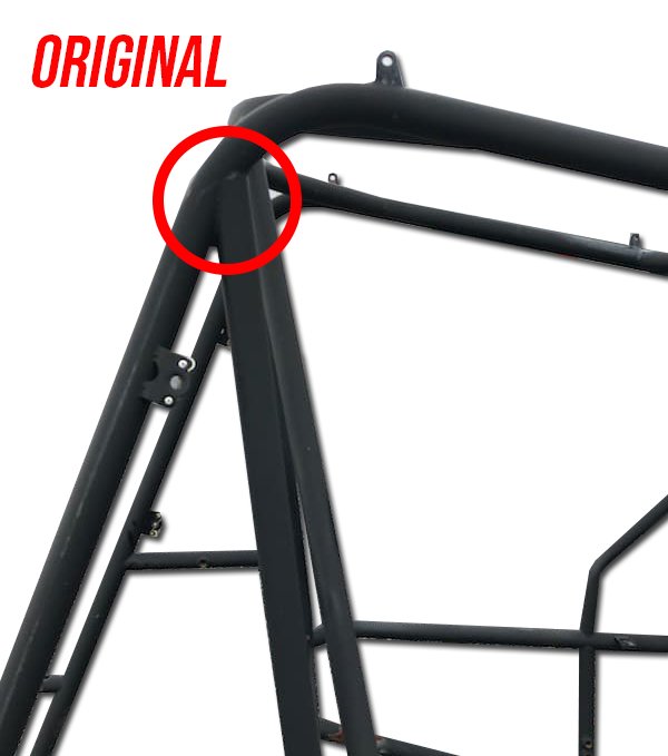 Black metal frame of a roll cage with a red text label "ORIGINAL" and a red circle highlighting a joint