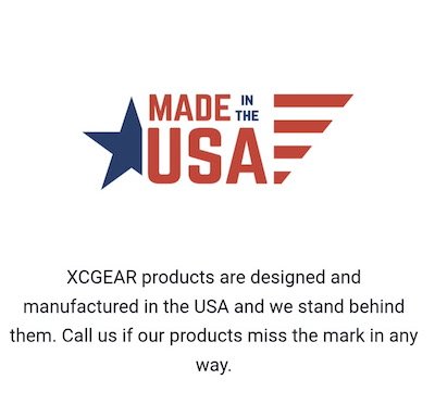 Xcgear logo with a blue star and red stripes, and text about USA manufacturing and quality assurance.