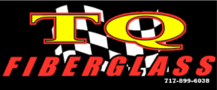Logo for TQ Fiberglass with black background, featuring bold yellow and red text.