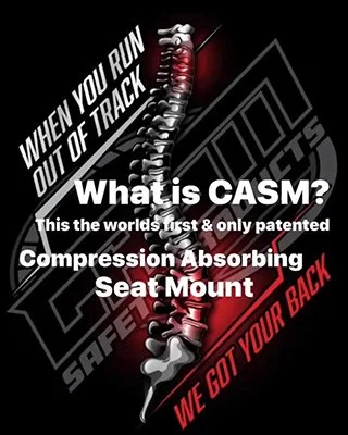 A promotional graphic for a product called CASM, a patented compression absorbing seat mount. The image features a red and gray spine with a black background and white and red text.
