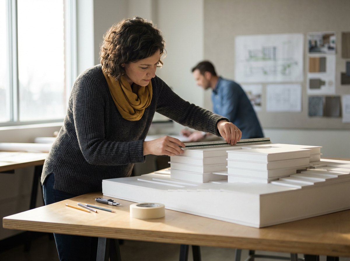Woman measuring architectural model with a ruler in an office setting, with a man working in the background.