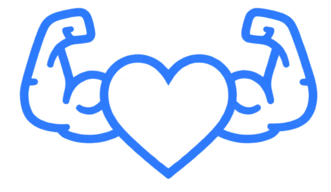 Blue neon sign of a heart with muscular arms flexing on each side.