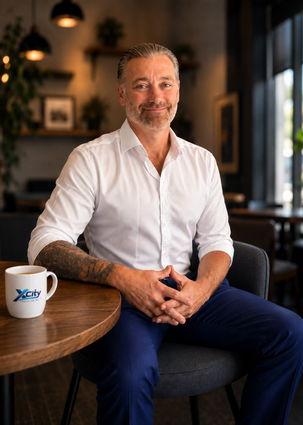A man in a white dress shirt and blue pants sitting in a cozy cafe with a cup of coffee on the table, smiling slightly.